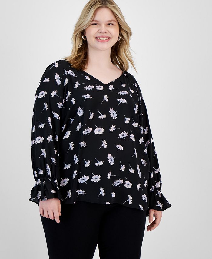 Plus Size Floral Print Cinched Sleeve Top, Created For Macy's Bar III Plus Size Floral Print Cinched Sleeve Top, Created For Macy's -CeCe cloth-shop