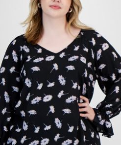Bar III Plus Size Floral Print Cinched Sleeve Top, Created For Macy's 2 Bar III Plus Size Floral Print Cinched Sleeve Top, Created For Macy's -CeCe cloth-shop 22803301 fpx
