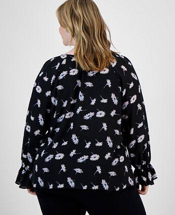 Plus Size Floral Print Cinched Sleeve Top, Created For Macy's Bar III Plus Size Floral Print Cinched Sleeve Top, Created For Macy's -CeCe cloth-shop