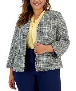 Kasper Plus Size Tweed Fringe-Trim Open-Front Blazer