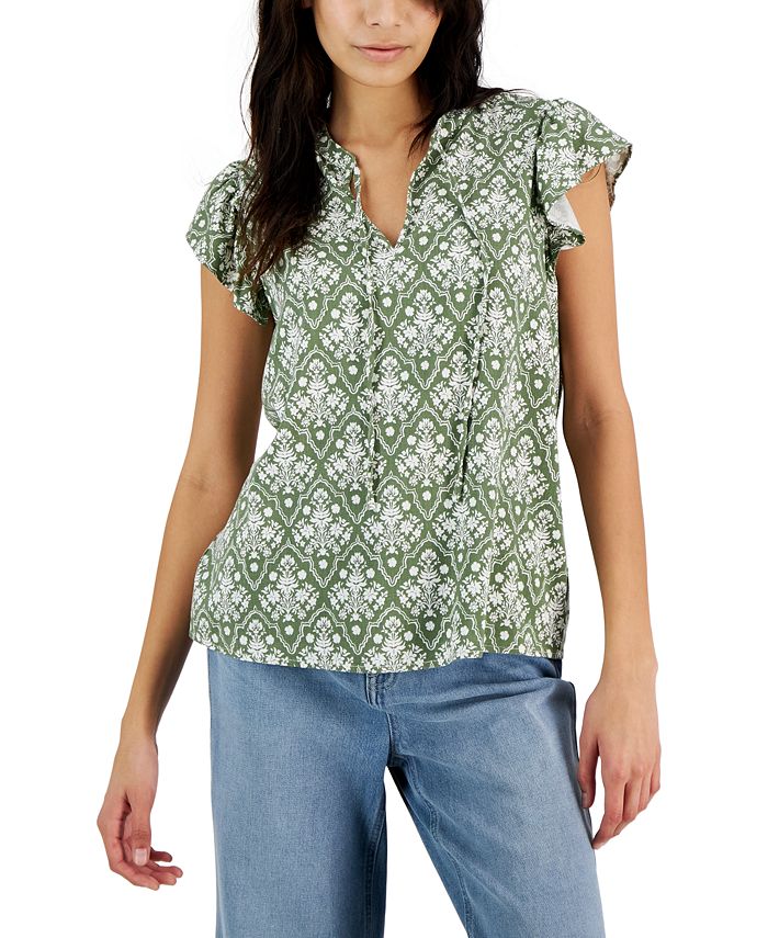 Women's Crinkle Gauze Ruffled Sleeve Top, Created For Macy's Style & Co Women's Crinkle Gauze Ruffled Sleeve Top, Created For Macy's -CeCe cloth-shop