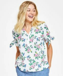 Charter Club Women's Linen Floral Tie-Sleeve Top, Created For Macy's