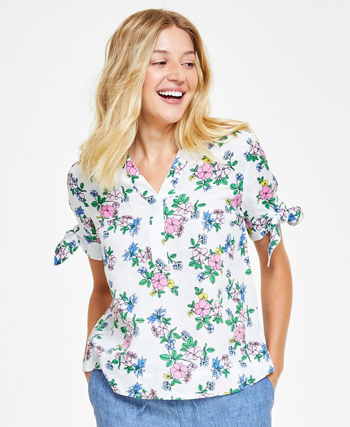 Charter Club Women's Linen Floral Tie-Sleeve Top, Created For Macy's 1 Charter Club Women's Linen Floral Tie-Sleeve Top, Created For Macy's