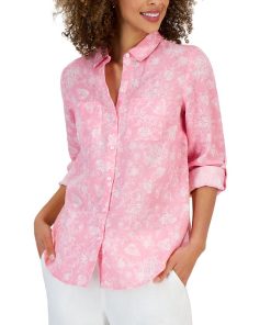Charter Club Women's Linen Floral Tab-Sleeve Shirt, Created For Macy's