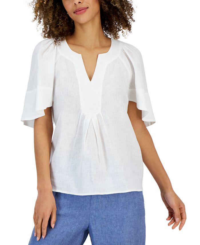 Women's Linen Split-Neck Flutter-Sleeve Top, Created For Macy's Charter Club Women's Linen Split-Neck Flutter-Sleeve Top, Created For Macy's -CeCe cloth-shop