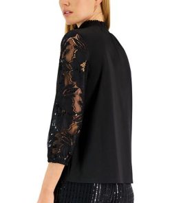 Anne Klein Women's Mixed-Media Lace-Sleeve Top 2 Anne Klein Women's Mixed-Media Lace-Sleeve Top -CeCe cloth-shop 22837365 fpx