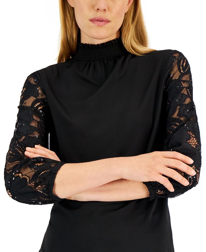 Women's Mixed-Media Lace-Sleeve Top Anne Klein Women's Mixed-Media Lace-Sleeve Top -CeCe cloth-shop