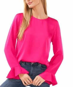 CeCe Women's Ruffled-Cuff Long-Sleeve Round-Neck Blouse