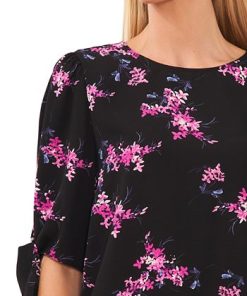 CeCe Women's Floral-Print Tie-Sleeve Round-Neck Blouse -CeCe cloth-shop 22851147 fpx