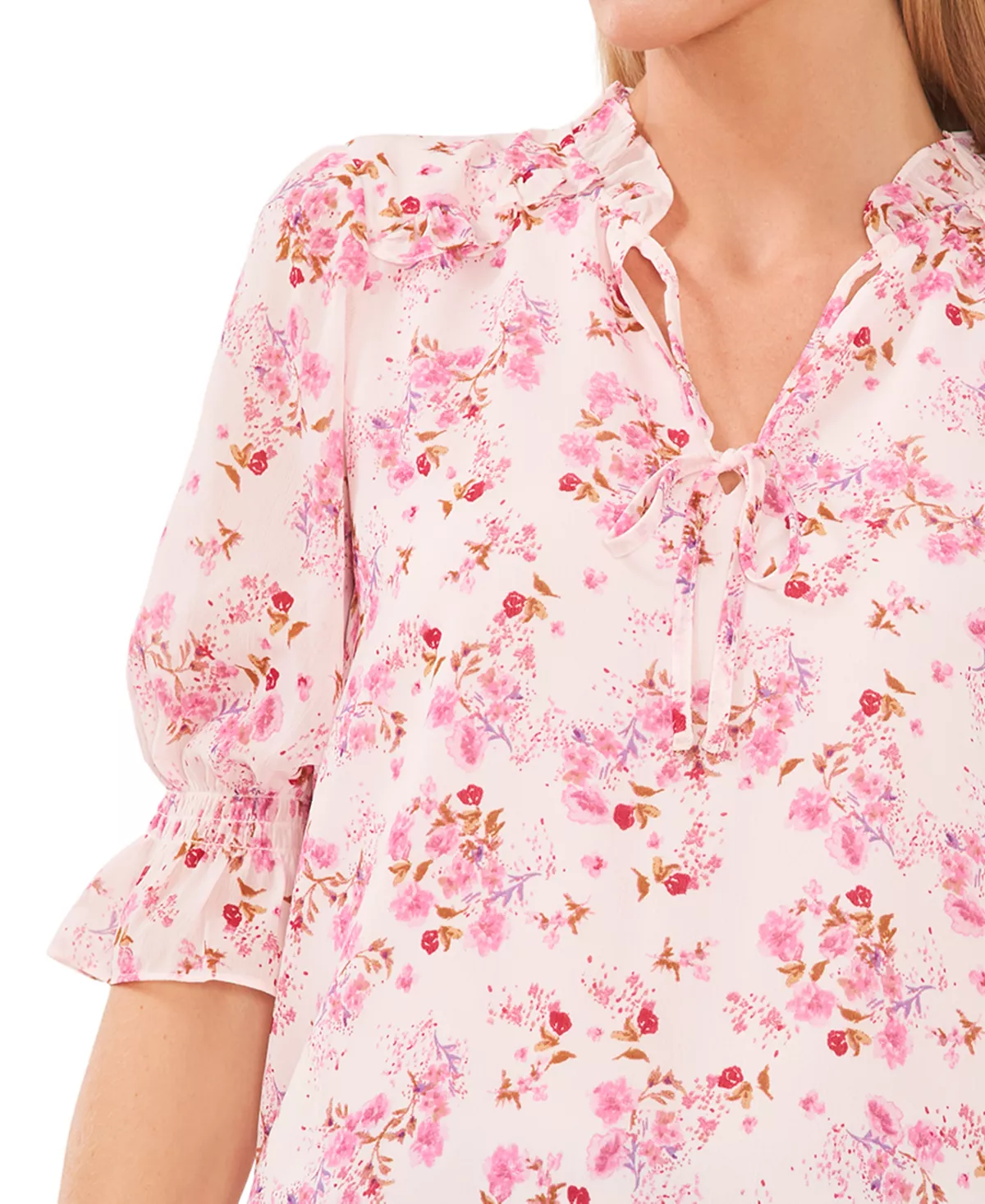 Women's Floral-Print Tie-Neck Ruffled-Shoulder Smocked-Cuff Blouse CeCe Women's Floral-Print Tie-Neck Ruffled-Shoulder Smocked-Cuff Blouse -CeCe cloth-shop