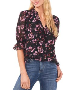 CeCe Women's Floral-Print Tie-Neck Ruffled-Shoulder Smocked-Cuff Blouse