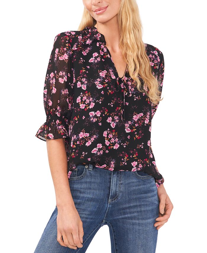 Women's Floral-Print Tie-Neck Ruffled-Shoulder Smocked-Cuff Blouse CeCe Women's Floral-Print Tie-Neck Ruffled-Shoulder Smocked-Cuff Blouse -CeCe cloth-shop