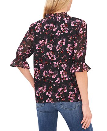Women's Floral-Print Tie-Neck Ruffled-Shoulder Smocked-Cuff Blouse CeCe Women's Floral-Print Tie-Neck Ruffled-Shoulder Smocked-Cuff Blouse -CeCe cloth-shop