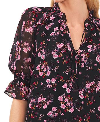 Women's Floral-Print Tie-Neck Ruffled-Shoulder Smocked-Cuff Blouse CeCe Women's Floral-Print Tie-Neck Ruffled-Shoulder Smocked-Cuff Blouse -CeCe cloth-shop