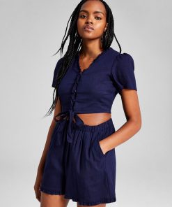 And Now This Women's Scalloped Tie-Front Puffed Sleeve Top