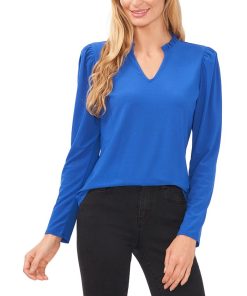 CeCe Women's Solid Puff-Sleeve Split-Neck Top