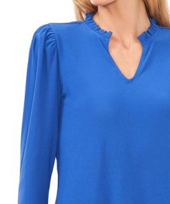 CeCe Women's Solid Puff-Sleeve Split-Neck Top -CeCe cloth-shop 22853176 fpx