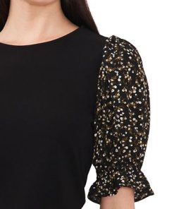 CeCe Women's Mixed-Media Short-Puff-Sleeve Top -CeCe cloth-shop 22854830 fpx