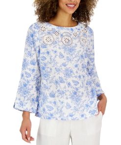 Charter Club Women's Linen Printed 3/4-Sleeve Top, Created For Macy's