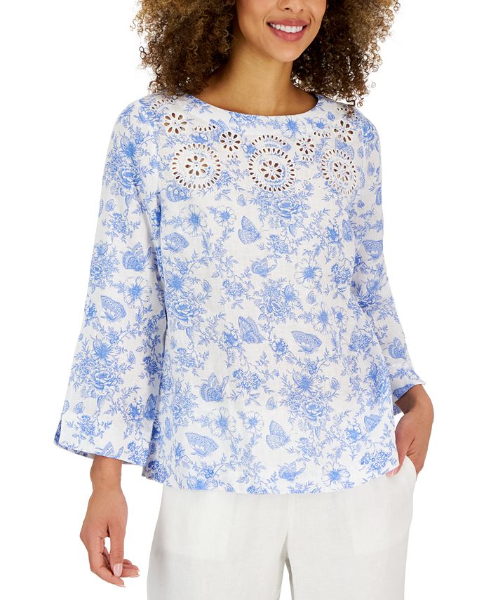 Charter Club Women's Linen Printed 3/4-Sleeve Top, Created For Macy's 1 Charter Club Women's Linen Printed 3/4-Sleeve Top, Created For Macy's
