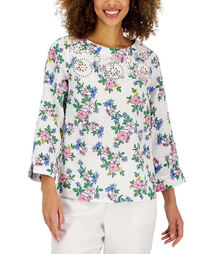 Women's Linen Floral-Printed Top, Created For Macy's Charter Club Women's Linen Floral-Printed Top, Created For Macy's -CeCe cloth-shop