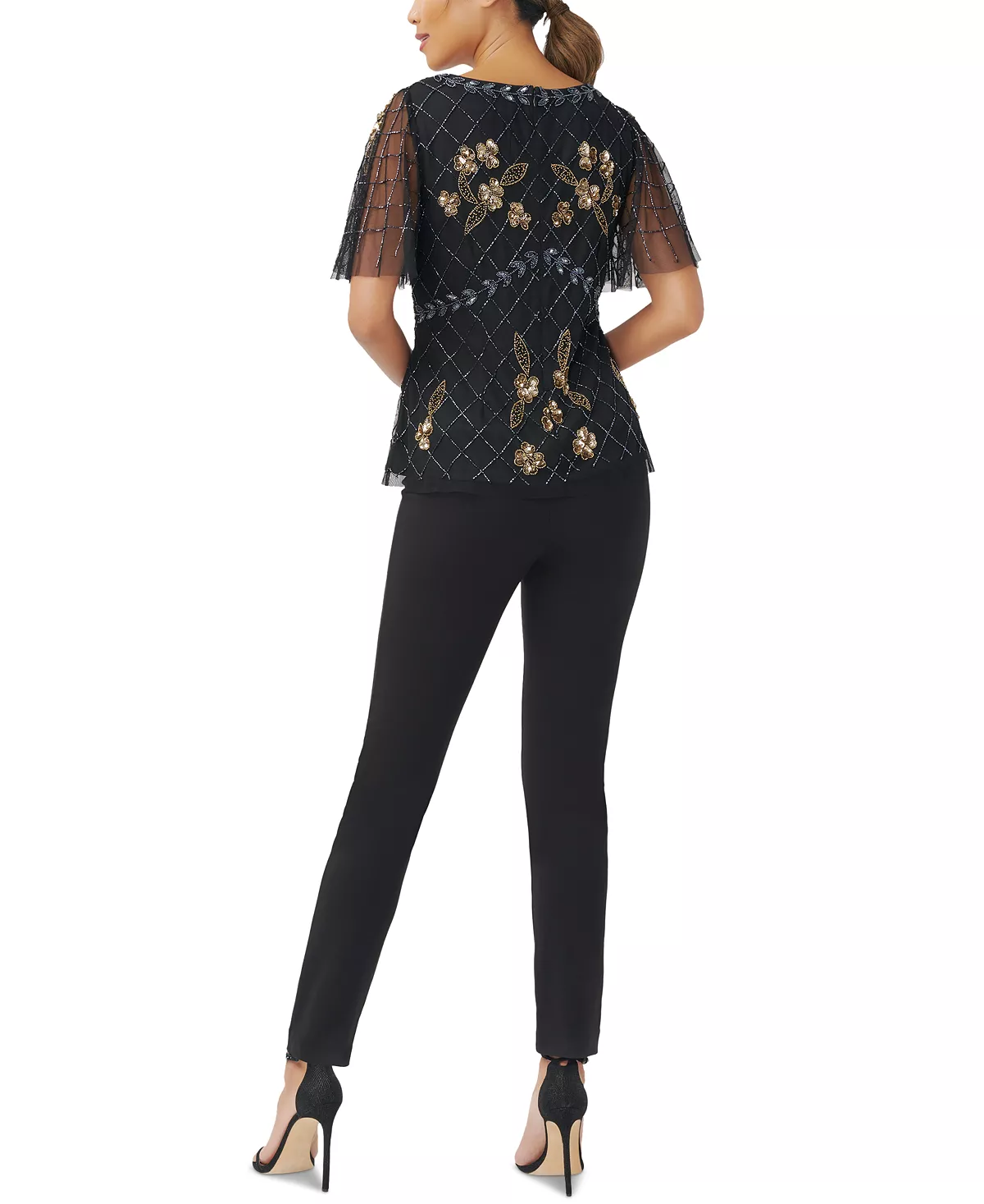 Women's Illusion-Detail Beaded Short-Sleeve Blouse Adrianna Papell Women's Illusion-Detail Beaded Short-Sleeve Blouse -CeCe cloth-shop