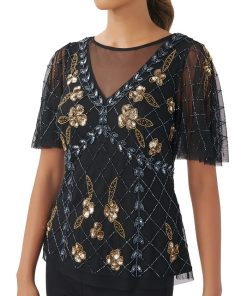 Adrianna Papell Women's Illusion-Detail Beaded Short-Sleeve Blouse