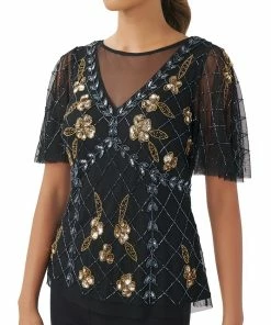 Adrianna Papell Women's Illusion-Detail Beaded Short-Sleeve Blouse