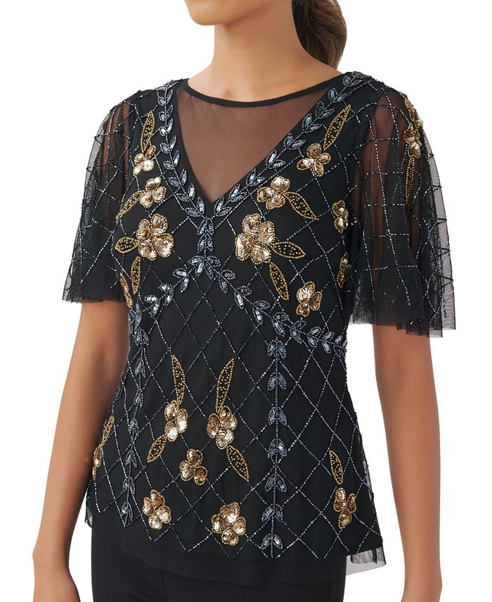 Women's Illusion-Detail Beaded Short-Sleeve Blouse Adrianna Papell Women's Illusion-Detail Beaded Short-Sleeve Blouse -CeCe cloth-shop