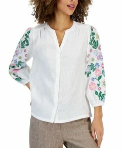 Charter Club Women's Linen Printed Button-Up Top, Created For Macy's