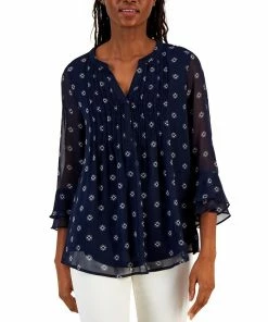 Charter Club Women's Floral 3/4-Sleeve Pintuck Top, Created For Macy's