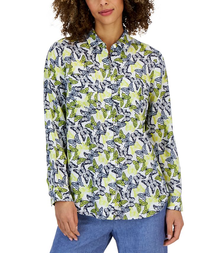 Charter Club Women's Linen Butterfly Tab-Sleeve Shirt, Created For Macy's 1 Charter Club Women's Linen Butterfly Tab-Sleeve Shirt, Created For Macy's