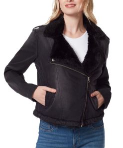 Jessica Simpson Women's Finley Faux-Fur Trim Denim Moto Jacket