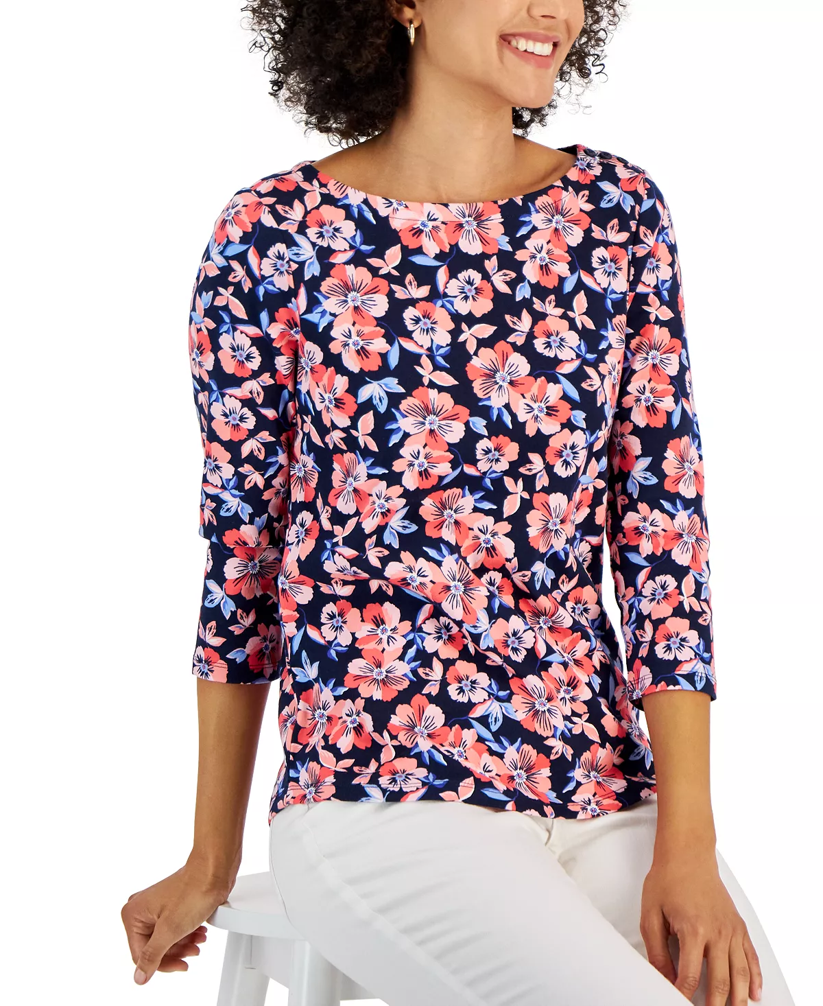Women's Cotton Floral-Print Boat-Neck, Created For Macy's Charter Club Women's Cotton Floral-Print Boat-Neck, Created For Macy's -CeCe cloth-shop