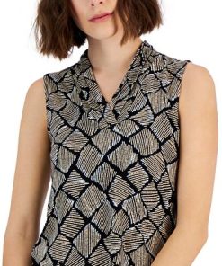 Anne Klein Women's Printed Gathered V-Neck Sleeveless Top -CeCe cloth-shop 22909289 fpx