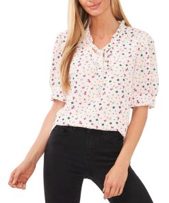CeCe Women's Floral-Print Puff-Sleeve Tie-Neck Top
