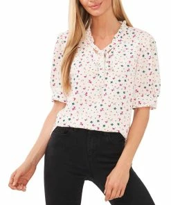 CeCe Women's Floral-Print Puff-Sleeve Tie-Neck Top