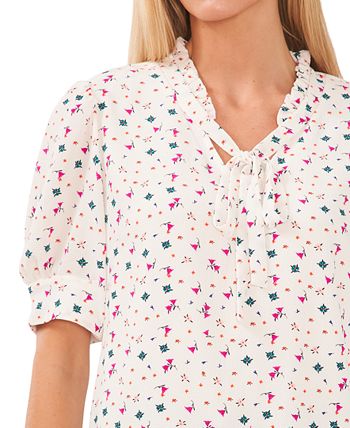 Women's Floral-Print Puff-Sleeve Tie-Neck Top CeCe Women's Floral-Print Puff-Sleeve Tie-Neck Top -CeCe cloth-shop