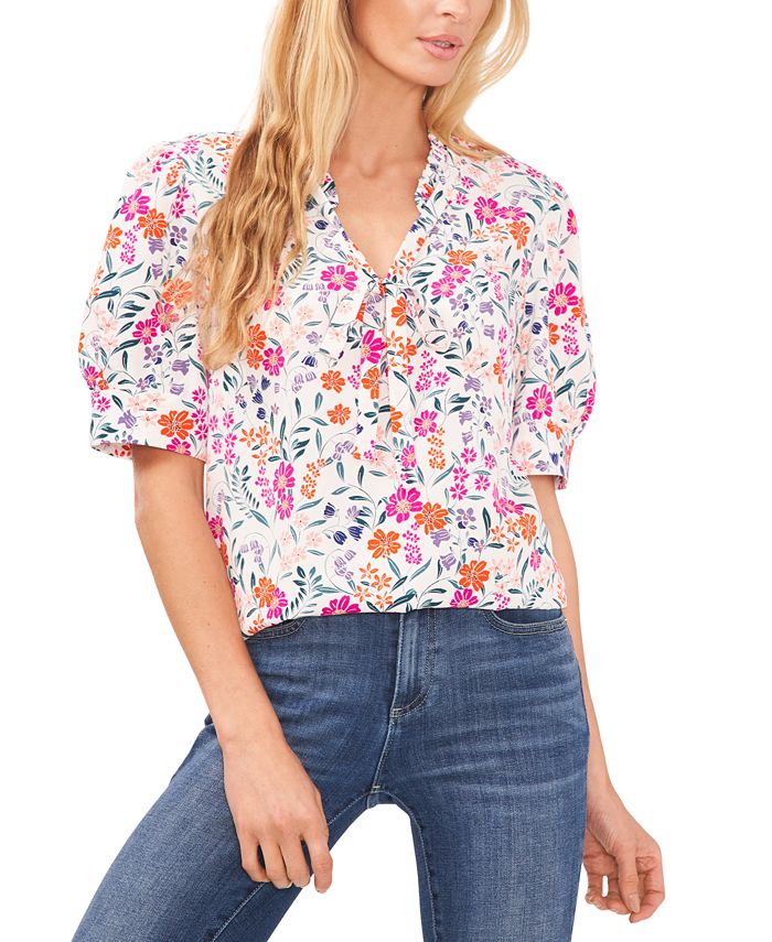 Women's Floral-Print Tie-Neck Puff-Sleeve Top CeCe Women's Floral-Print Tie-Neck Puff-Sleeve Top -CeCe cloth-shop