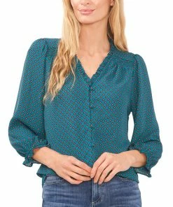 CeCe Women's Printed Ruffle-Neck 3/4-Sleeve Blouse