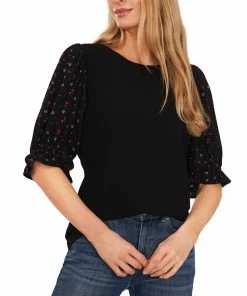 CeCe Women's Mixed Media Puff Sleeve Top
