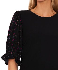 CeCe Women's Mixed Media Puff Sleeve Top -CeCe cloth-shop 22948214 fpx