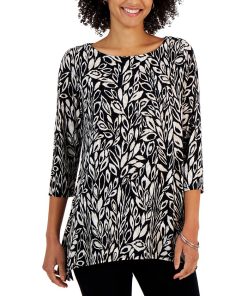 JM Collection Women's Leaf Adventures Jacquard 3/4-Sleeve Tunic, Created For Macy's