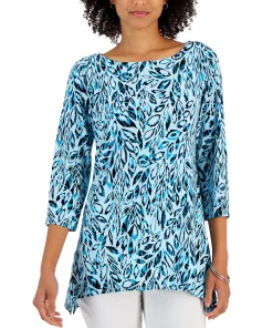 JM Collection Women's Leaf Adventures Jacquard 3/4-Sleeve Tunic, Created For Macy's -CeCe cloth-shop 22967707 fpx