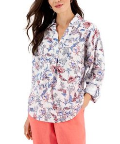 Charter Club Women's Linen Printed Split-Neck Top, Created For Macy's -CeCe cloth-shop 22978976 fpx