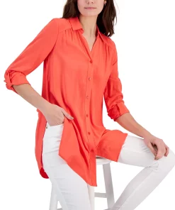 INC International Concepts Women's Roll-Tab Button-Down Long Blouse, Created For Macy's -CeCe cloth-shop 22981972 fpx