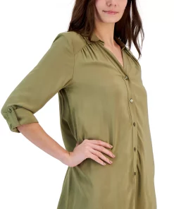 INC International Concepts Women's Roll-Tab Button-Down Long Blouse, Created For Macy's -CeCe cloth-shop 22981977 fpx