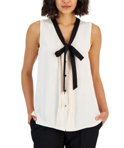 Anne Klein Women's Tie V-Neck Sleeveless Button-Up Blouse