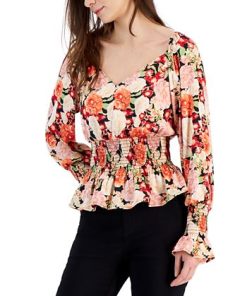 INC International Concepts Printed V-Neck Smocked Blouse, Created For Macy's 2 INC International Concepts Printed V-Neck Smocked Blouse, Created For Macy's -CeCe cloth-shop 22986667 fpx