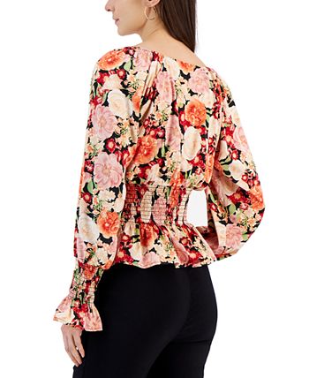 Printed V-Neck Smocked Blouse, Created For Macy's INC International Concepts Printed V-Neck Smocked Blouse, Created For Macy's -CeCe cloth-shop